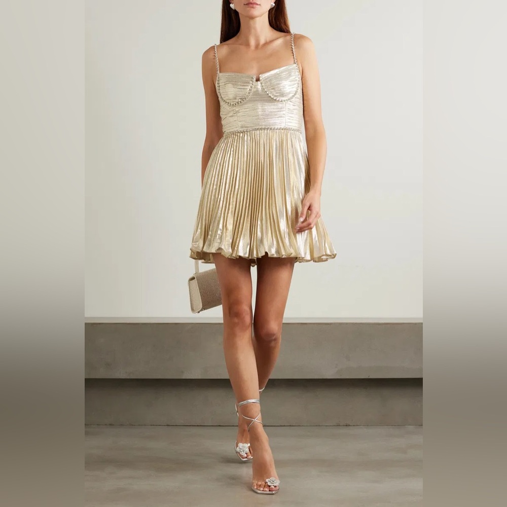 New with tags Self-Portrait Champagne Gold Metallic Pleated Dress UK 12 US8